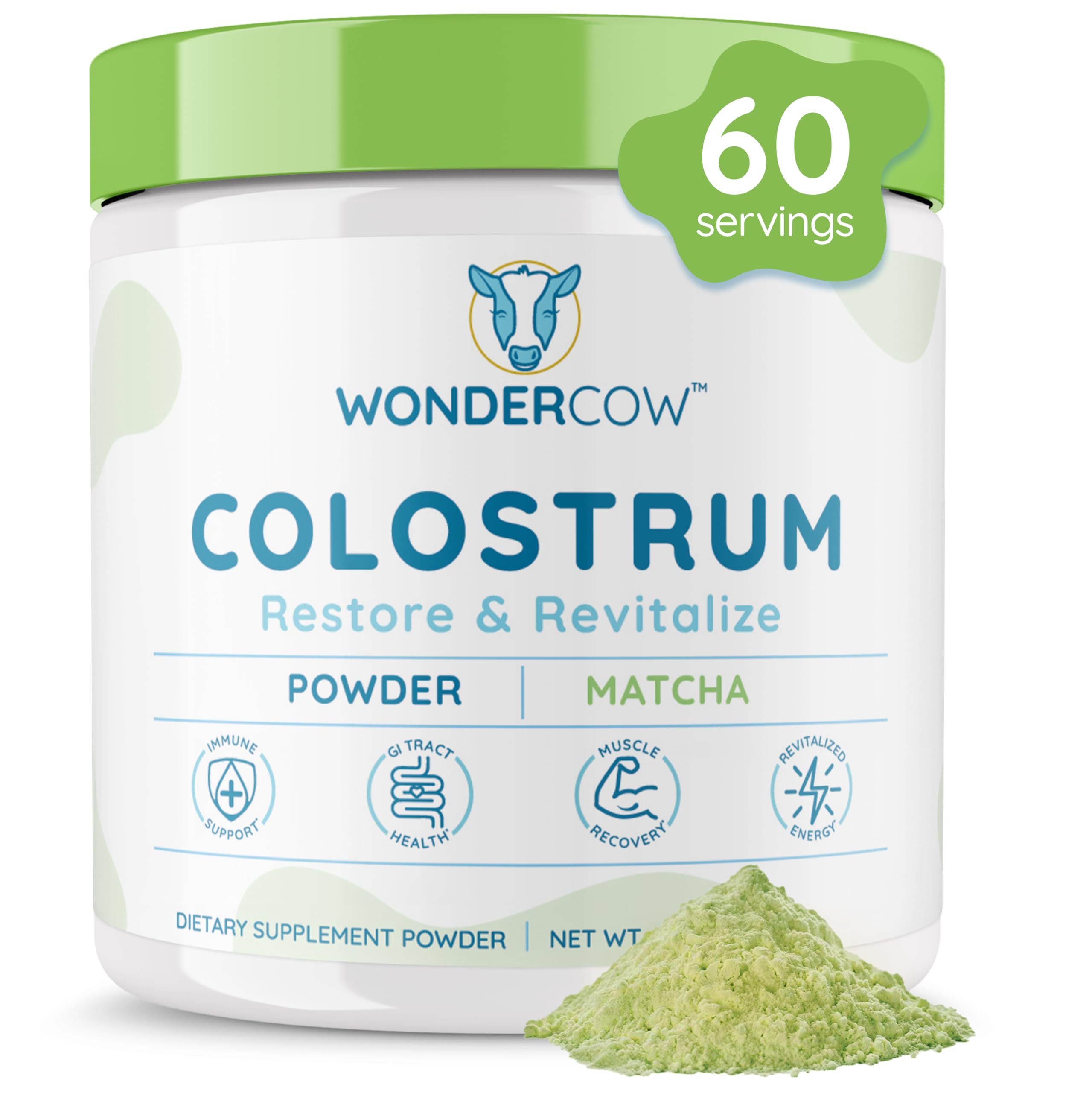 WonderCow Colostrum poudre: bouteille avec étiquette, soutien immunitaire potentiel et énergie naturelle.