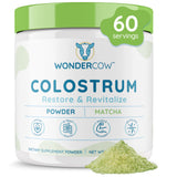 WonderCow Colostrum poudre: bouteille avec étiquette, soutien immunitaire potentiel et énergie naturelle.