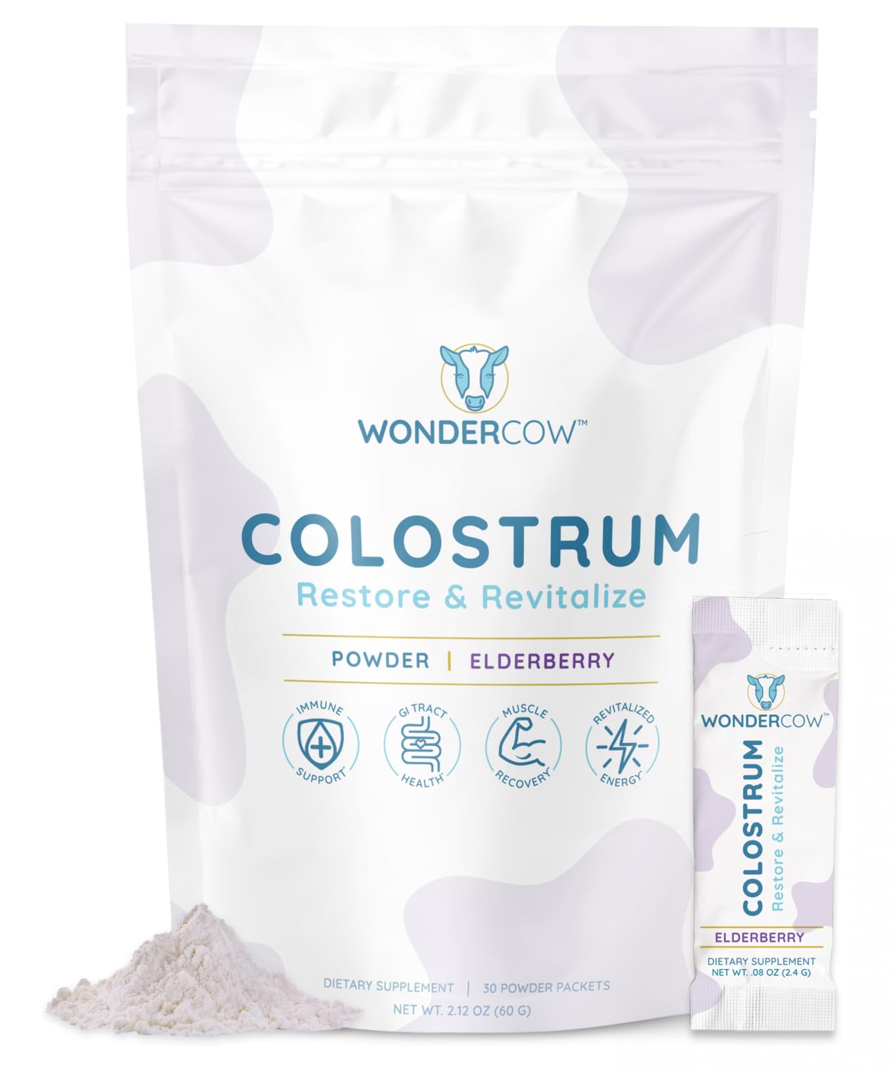 WonderCOW Colostrum Poudre dans une bouteille, soutien potentiel à l'immunité et digestion.
