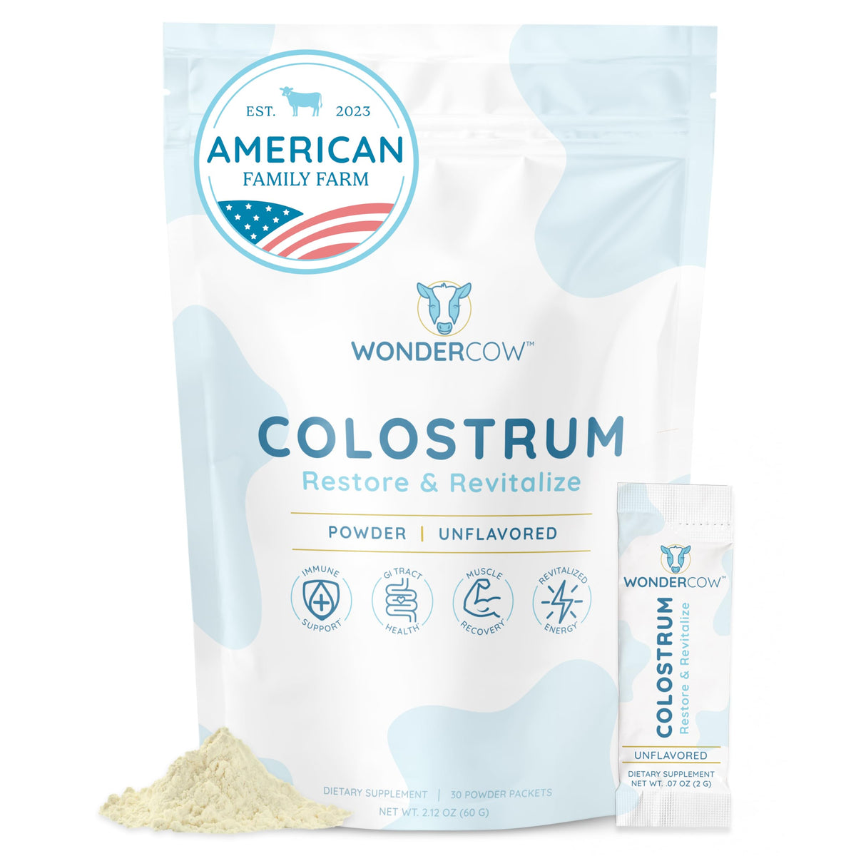 WonderCow Colostrum Poudre : flacon pratique pour un apport quotidien.