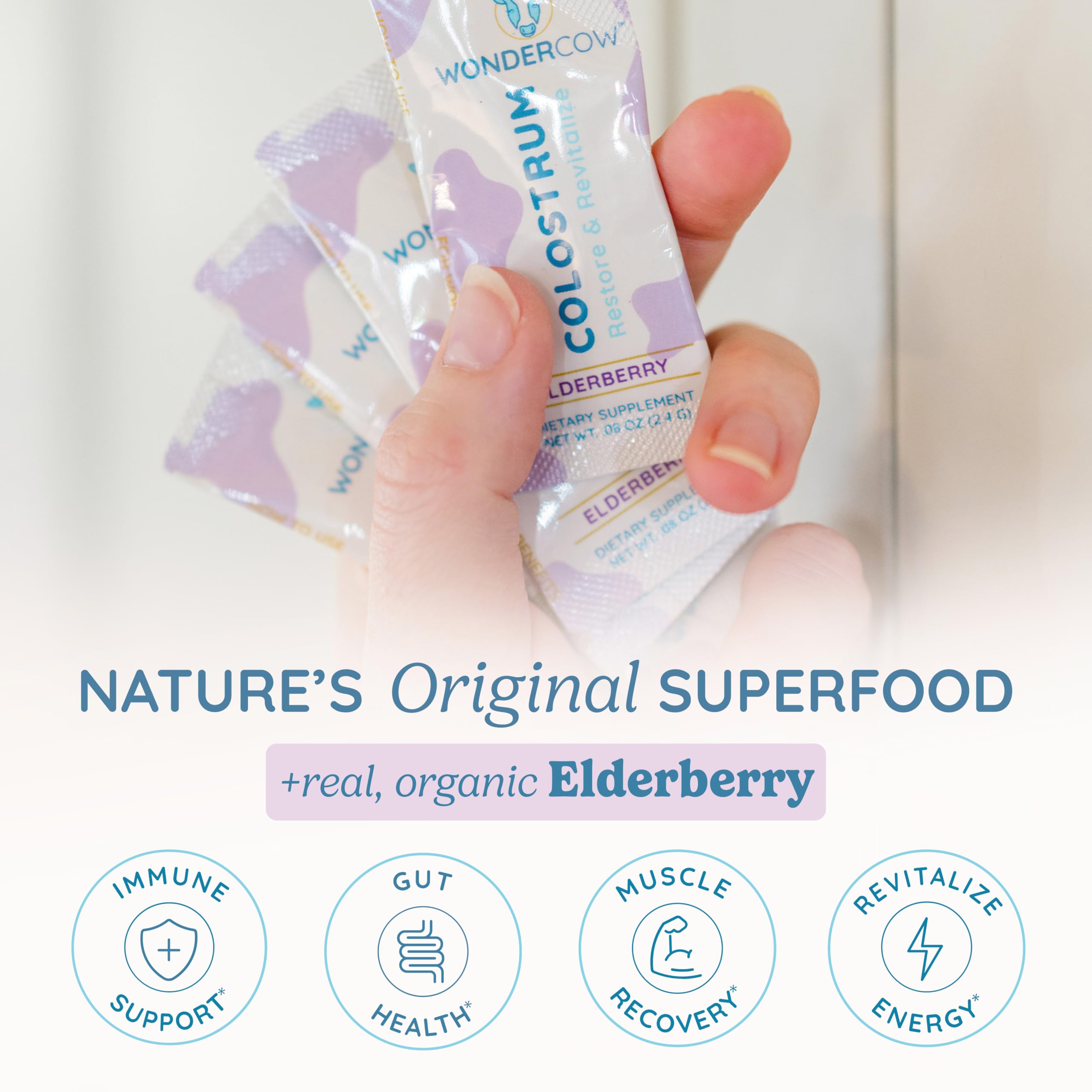 WonderCOW Colostrum Poudre etiquette-produit, étiquette claire et informations transparentes.