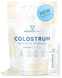 WonderCow Colostrum en poudre dans flacon vanille, soutien immunitaire potentiel et santé intestinale.