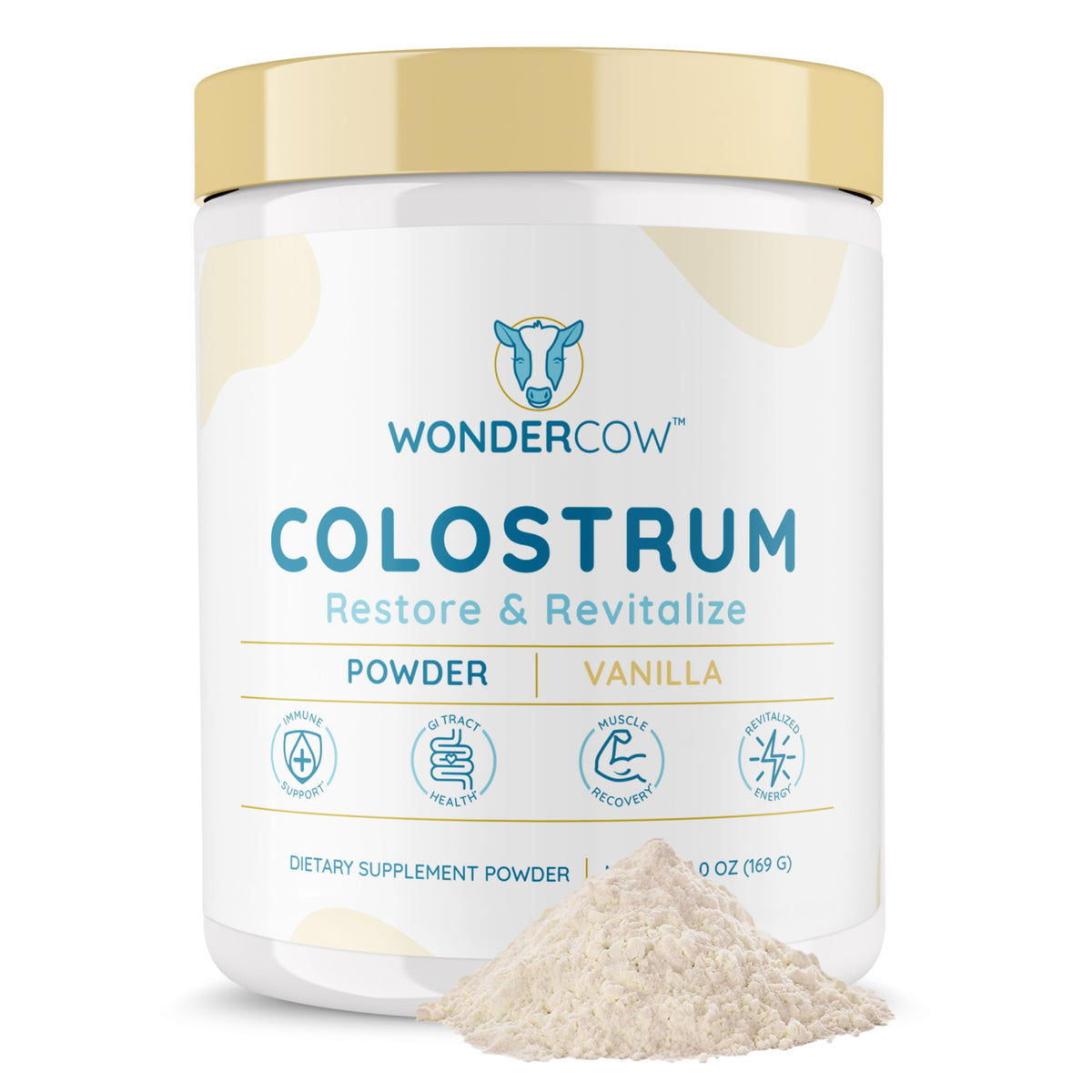 WonderCOW Colostrum Vanilla dans sa boîte, goût doux et soutien immunitaire potentiel.