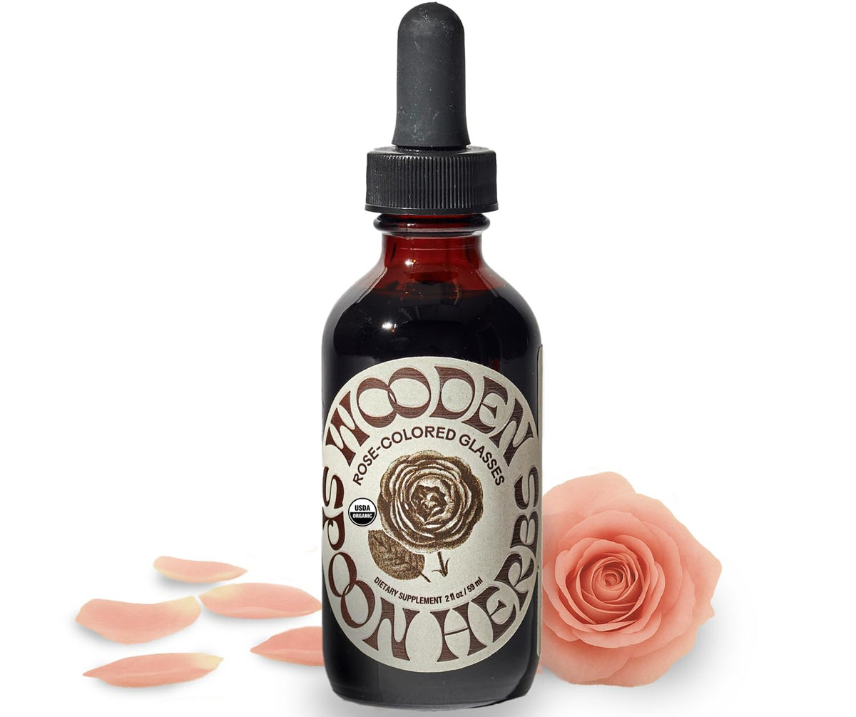 Wooden Spoon Herbs Rose-Colored Glasses — bouteille de teinture biologique pour le calme potentiel.