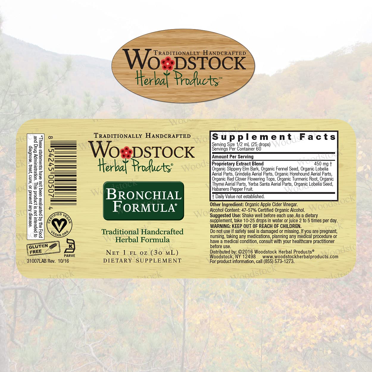 Bouteille sur planche avec étiquette Woodstock Formule Bronchiale, clarté d’utilisation.