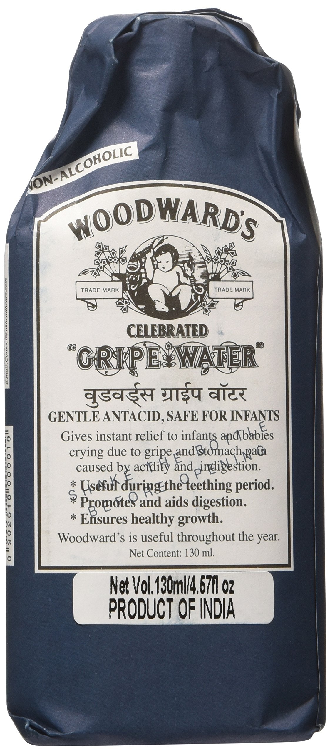 Woodward's Gripe Water, bouteille 130 ml vue de face, soulagement potentiel des gaz