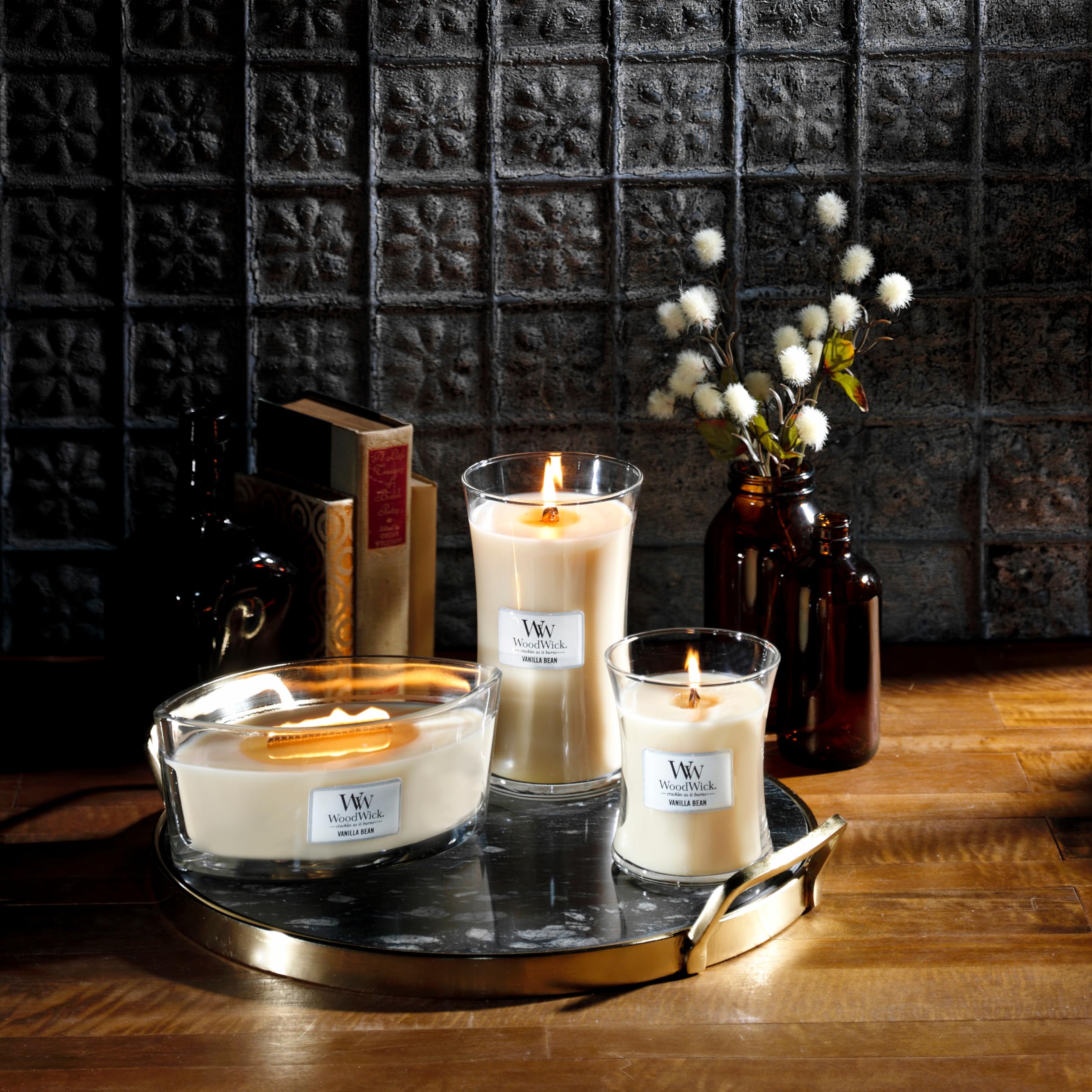 WoodWick Elipsa Vanille Gousse 76112E, détail flamme et crépitement apaisant.