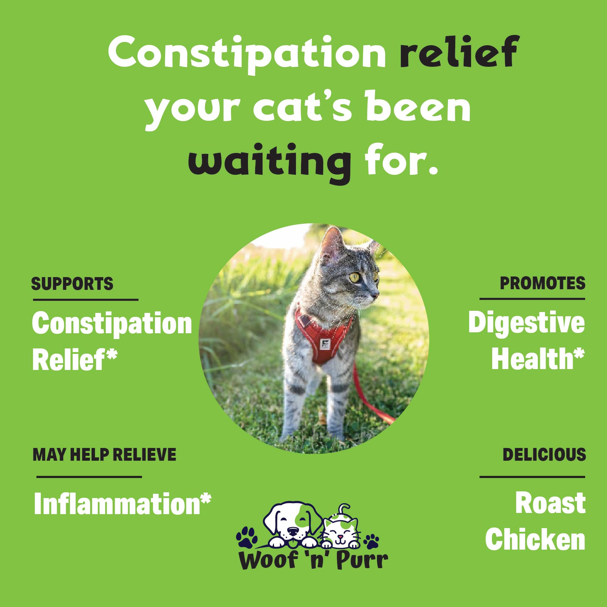 Woof 'n' Purr étiquette tincture chat, saveur poulet appréciée par les félins.
