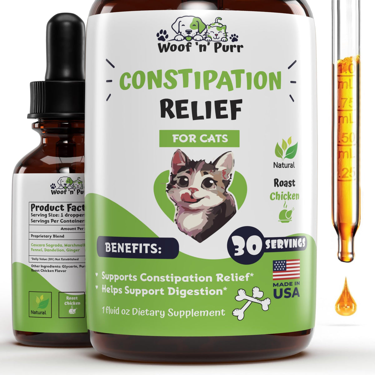 Woof 'n' Purr tincture chat, bouteille avec pipette pour un soulagement rapide.