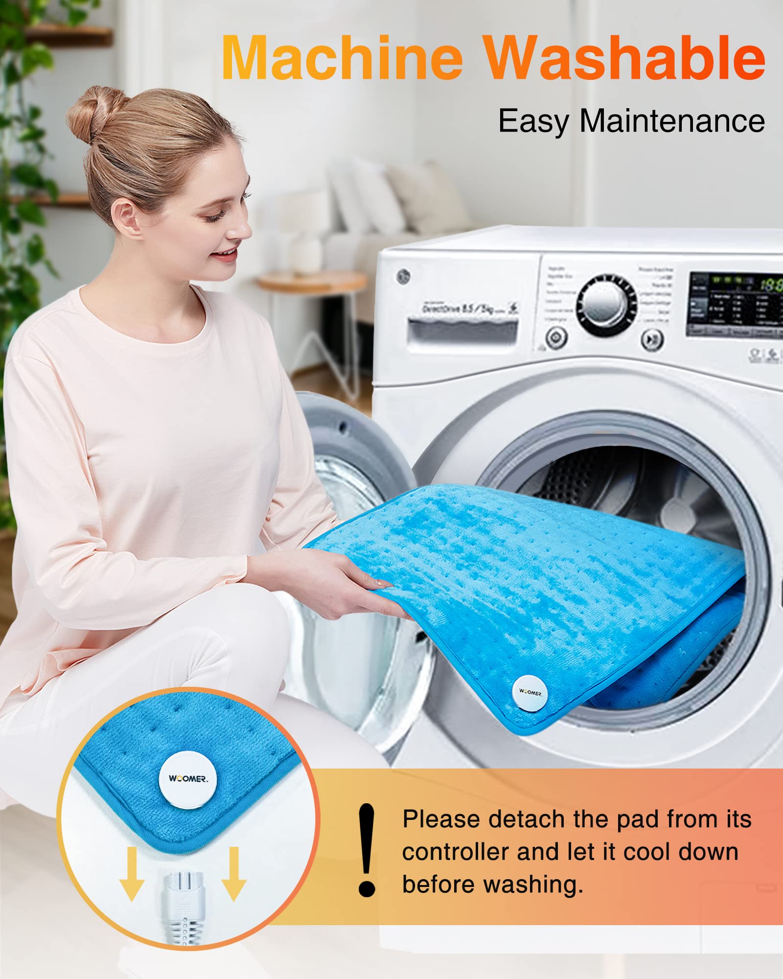 WOOMER coussin chauffant XL lavage en machine pour entretien facile.
