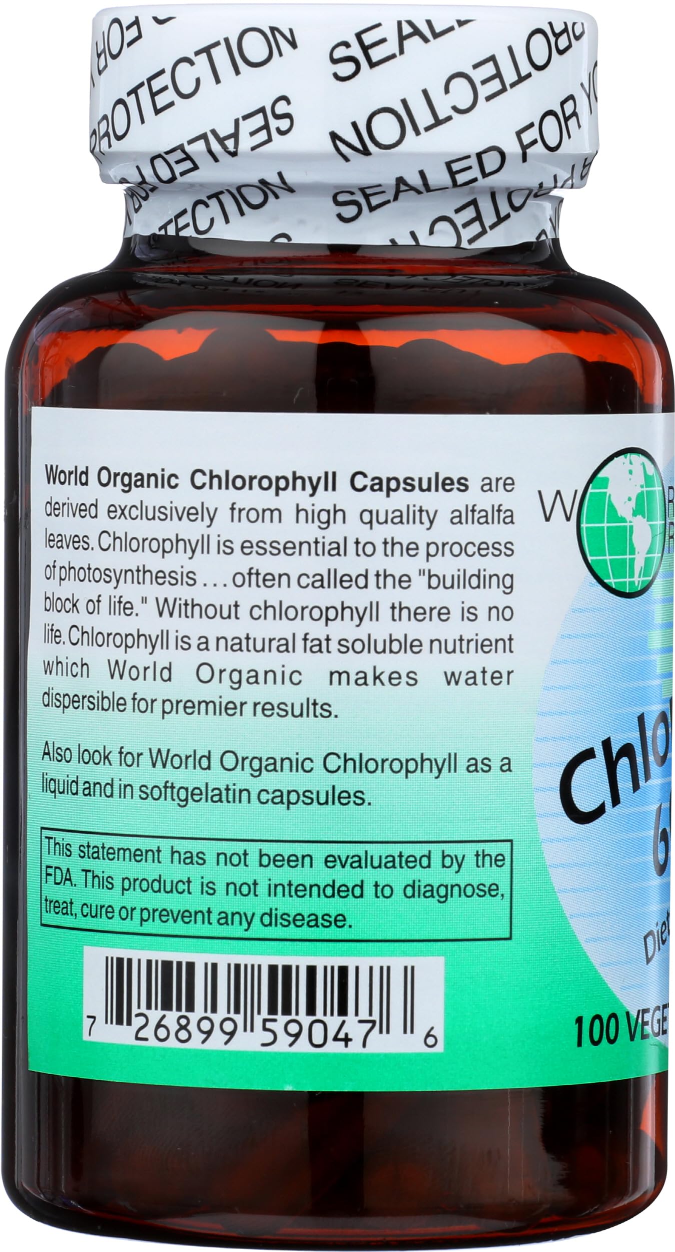 World Organic Chlorophylle 100 mg, contenu du bocal, couleur naturelle