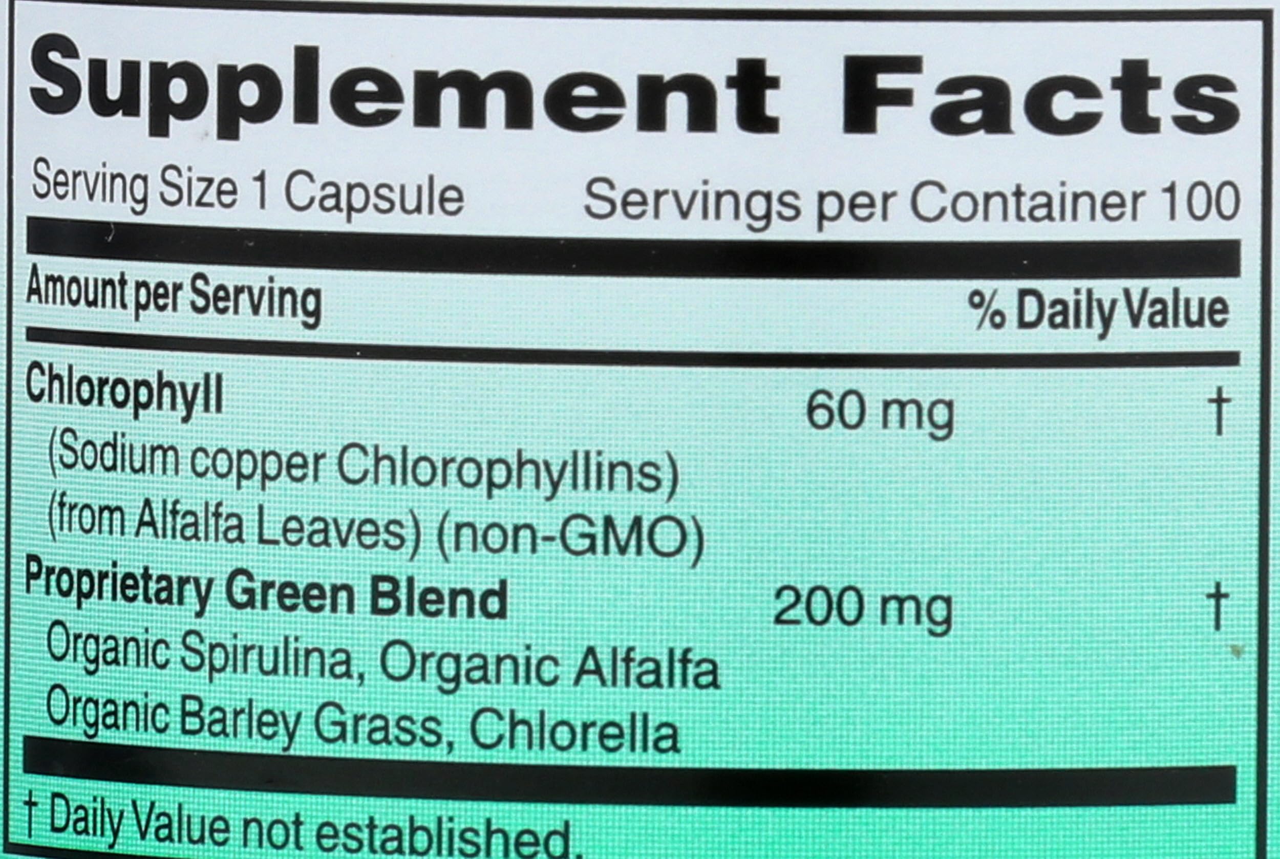 World Organic Chlorophylle 100 mg, étiquette produit, informations claires