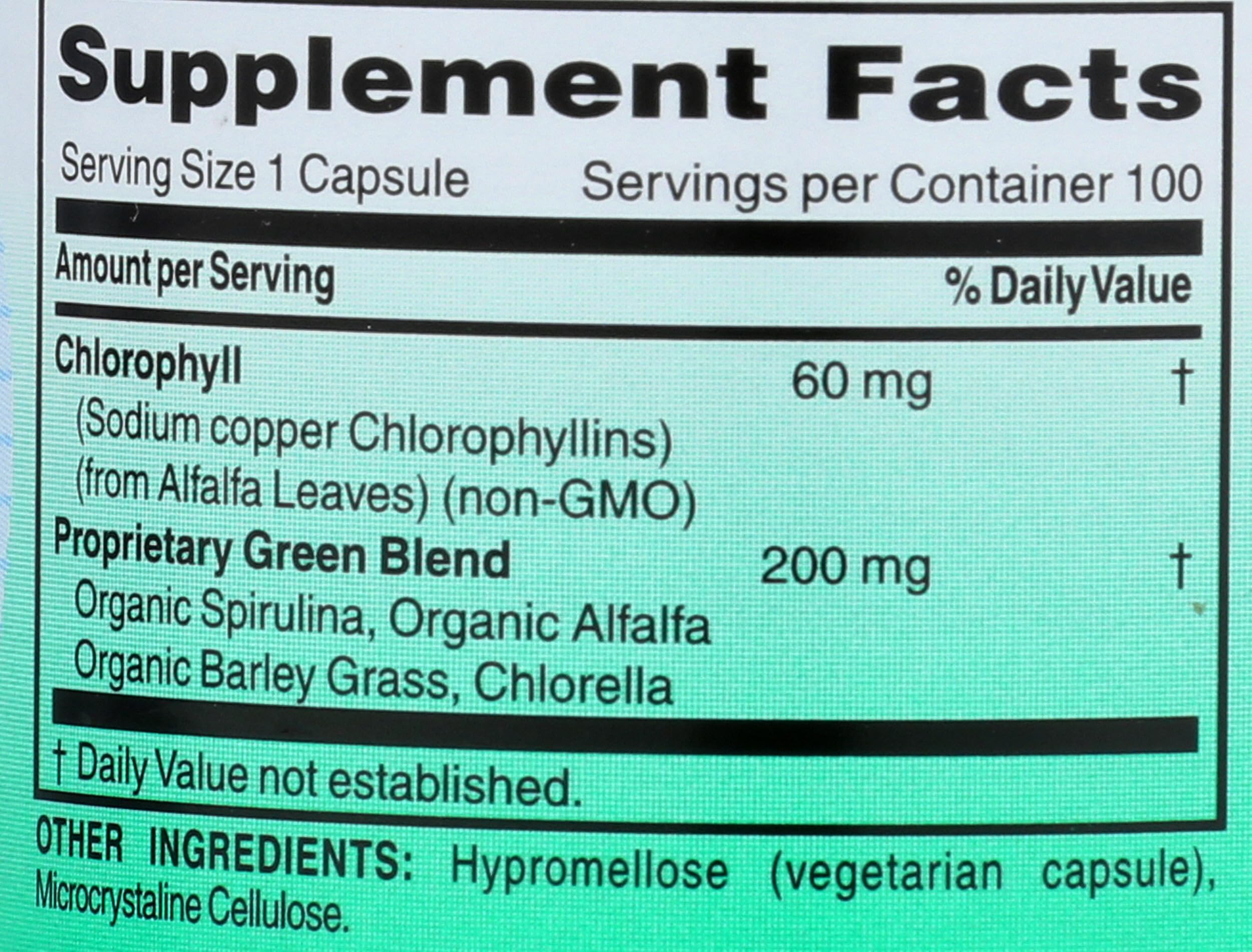 World Organic Chlorophylle 100 mg, tableau nutrition, détails utiles et lisibles