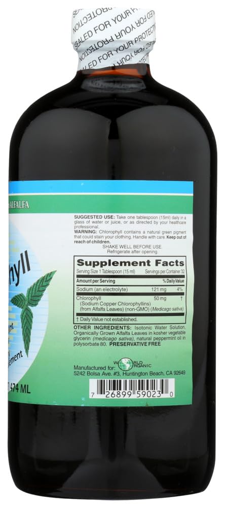 Étiquette du World Organic Chlorophylle Liquide Menthe en gros plan.