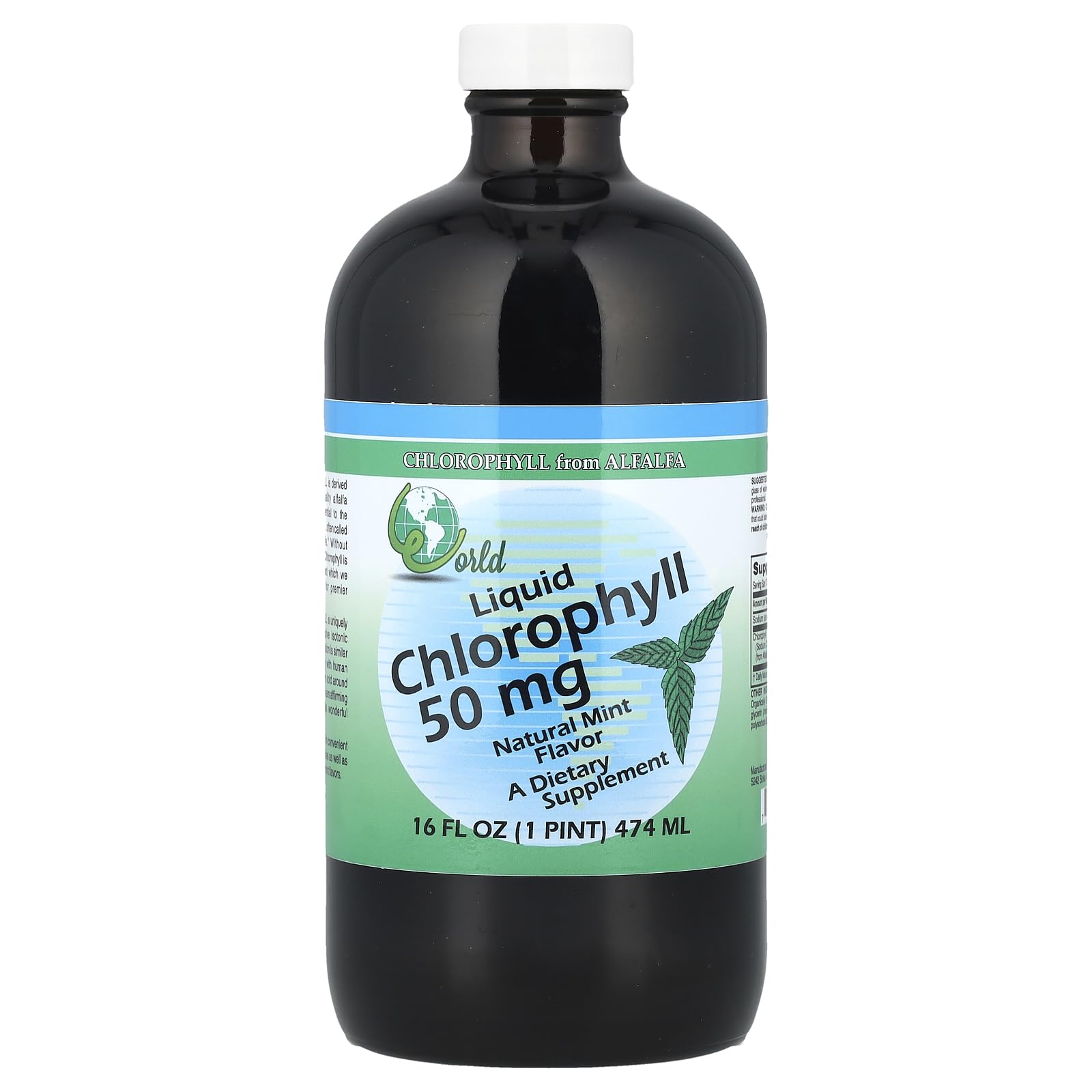 World Organic CHLOROPHL Menthe 50 mg - bouteille pratique pour une sensation de fraîcheur.