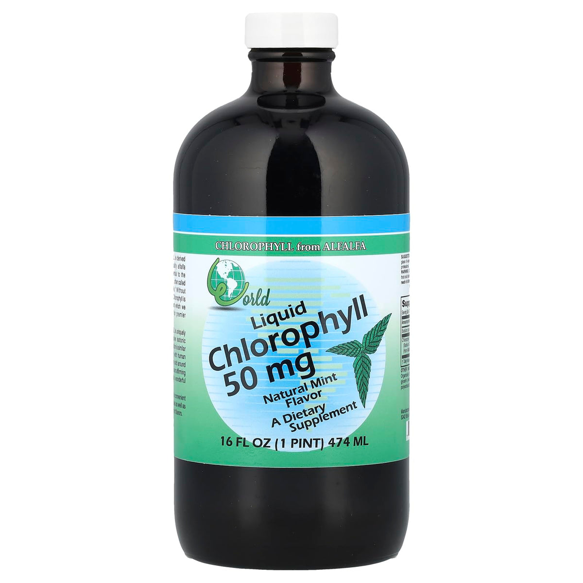 World Organic CHLOROPHL Menthe 50 mg - bouteille pratique pour une sensation de fraîcheur.