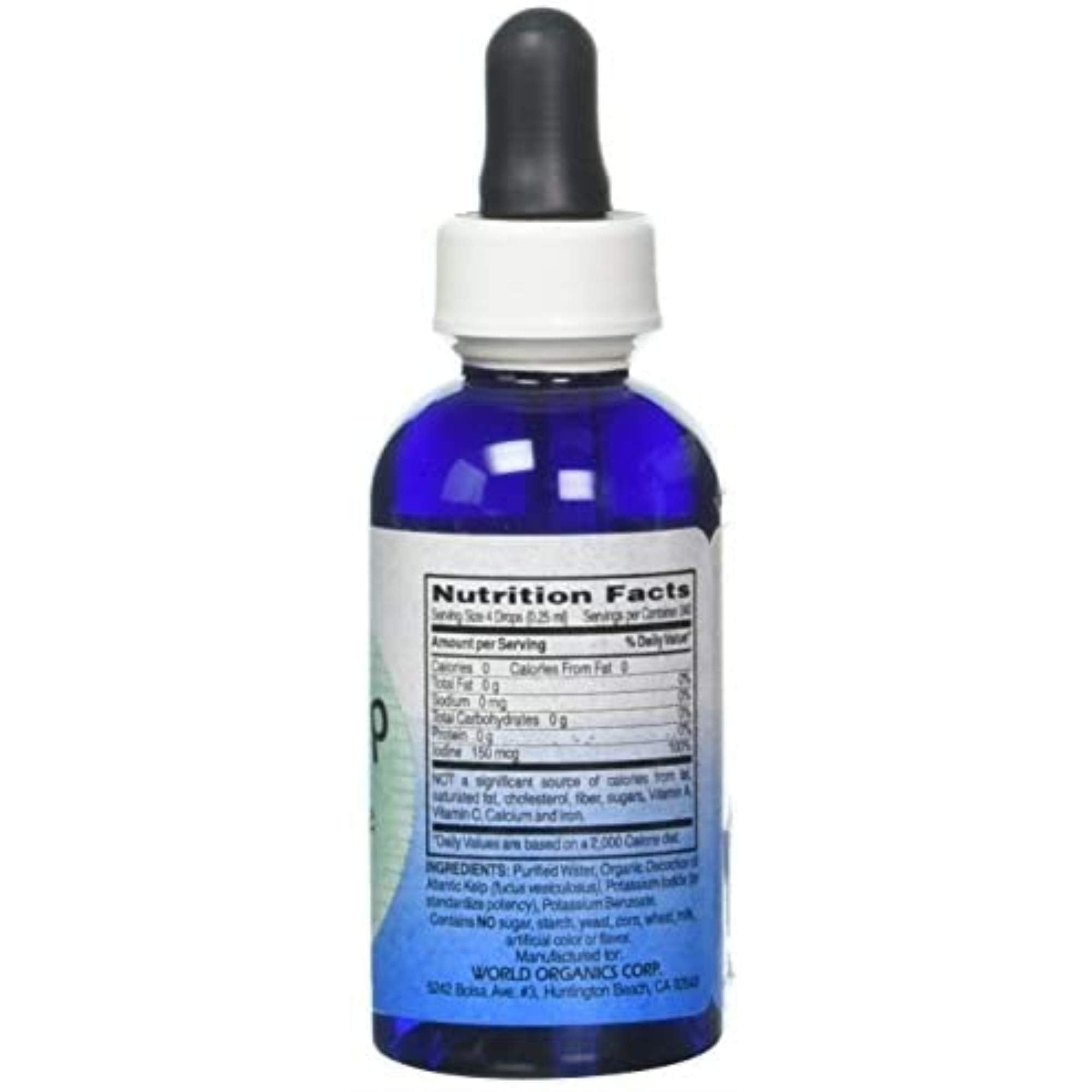 World Organic Kelp Liquide, goutte-doseur-visible pour dosage précis dans vos recettes.