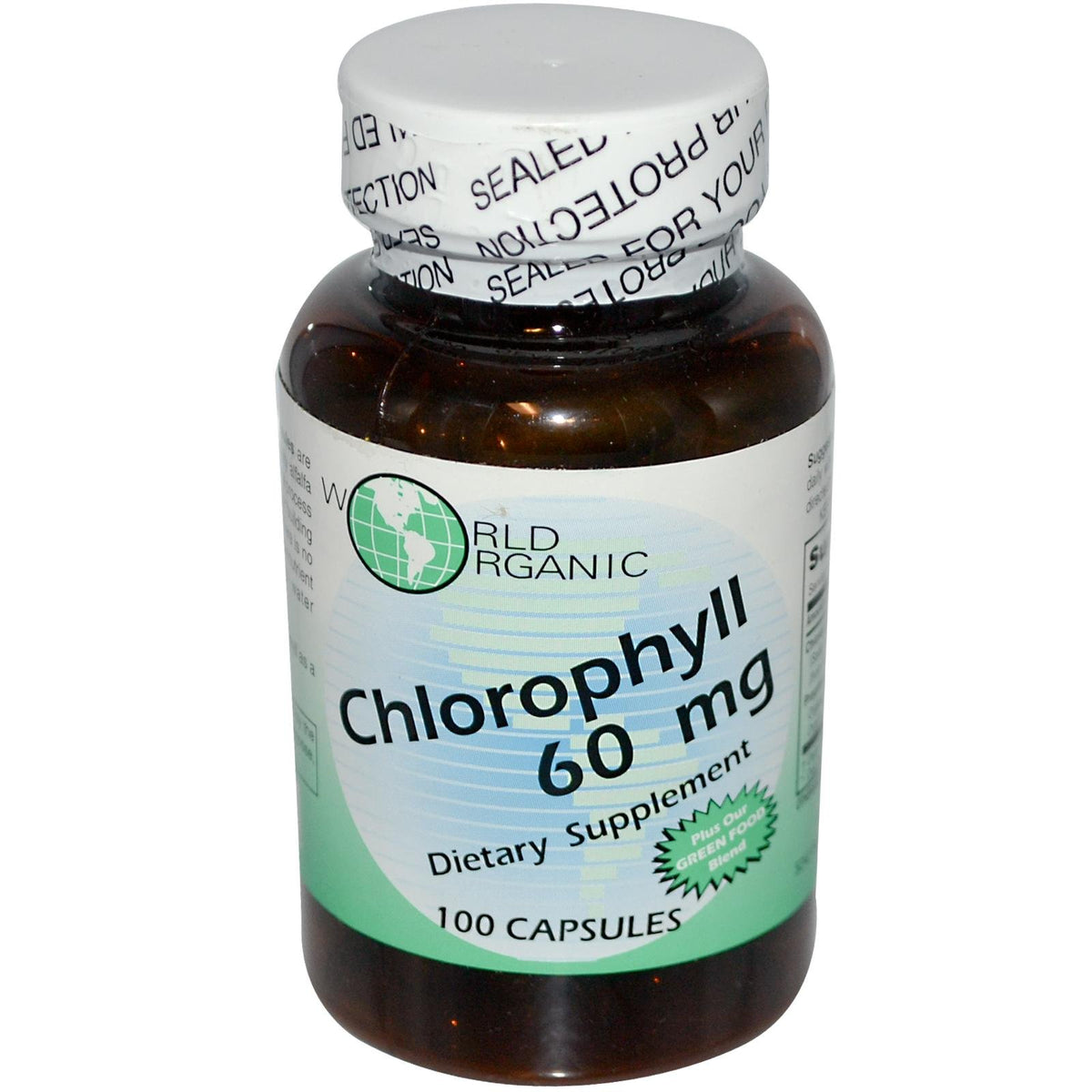 World Organic Mega Chlorophyll: gélules 100 mg, 60 unités, peut aider haleine plus fraîche et peau.