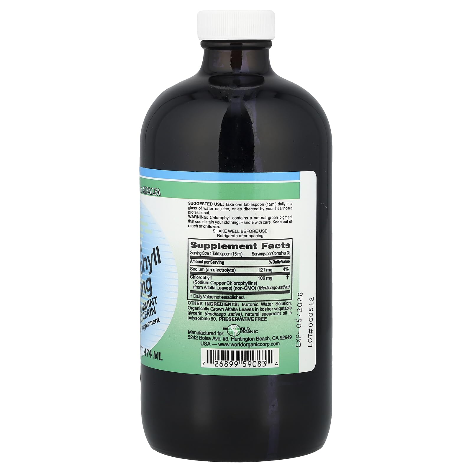 World Organics chlorophylle liquide: etiquette Menthe, présentation pratique dans votre routine