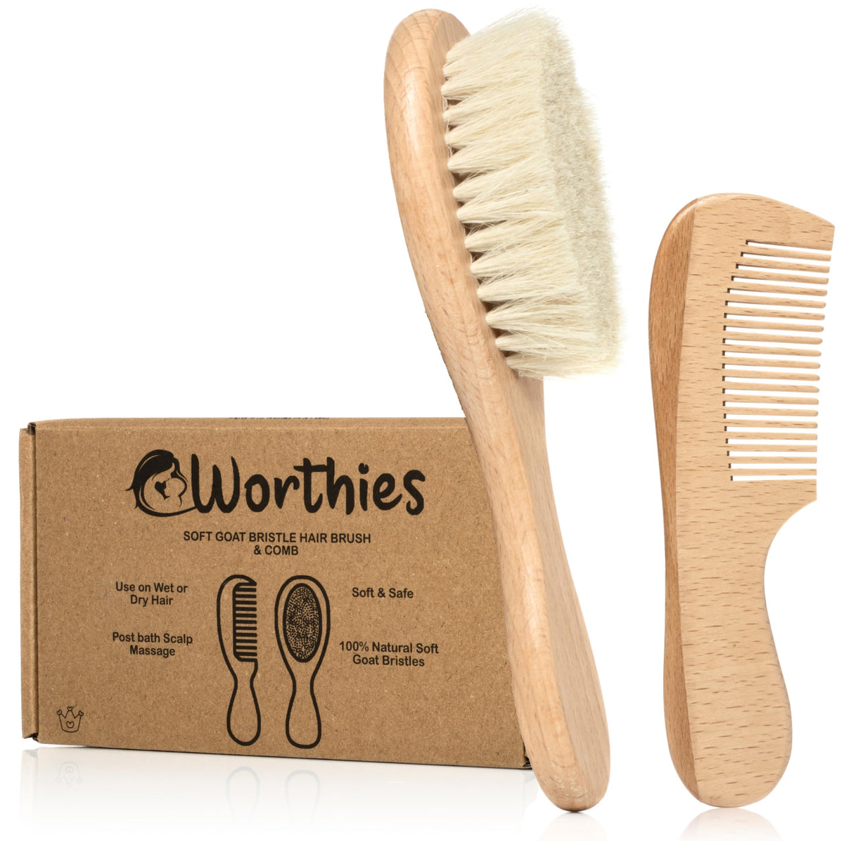 Worthies brosse cheveux bébé bois avec poils de chèvre pour cuir chevelu sensible.