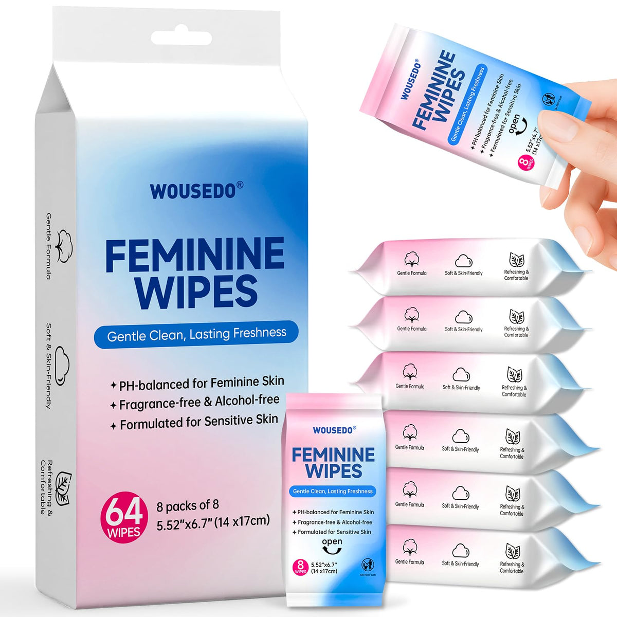 Lingettes WOUSEDO en format compact pour une fraîcheur discrète en déplacement.