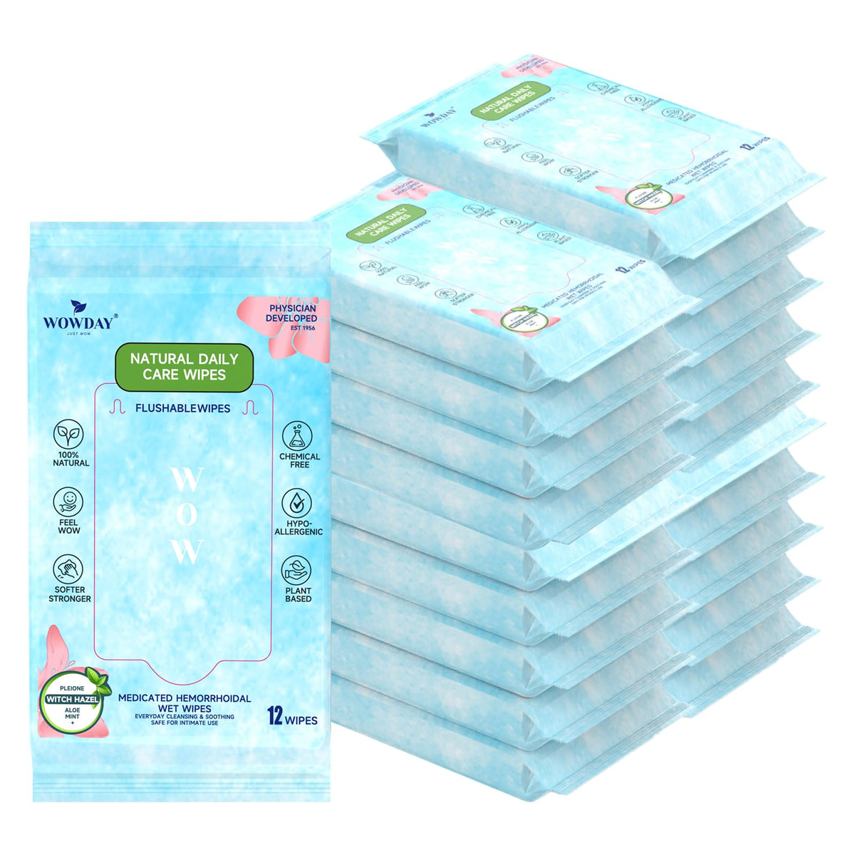 Lingettes WowDay hémorroïdales jetables, emballage pratique pour hygiène discrète en déplacement.