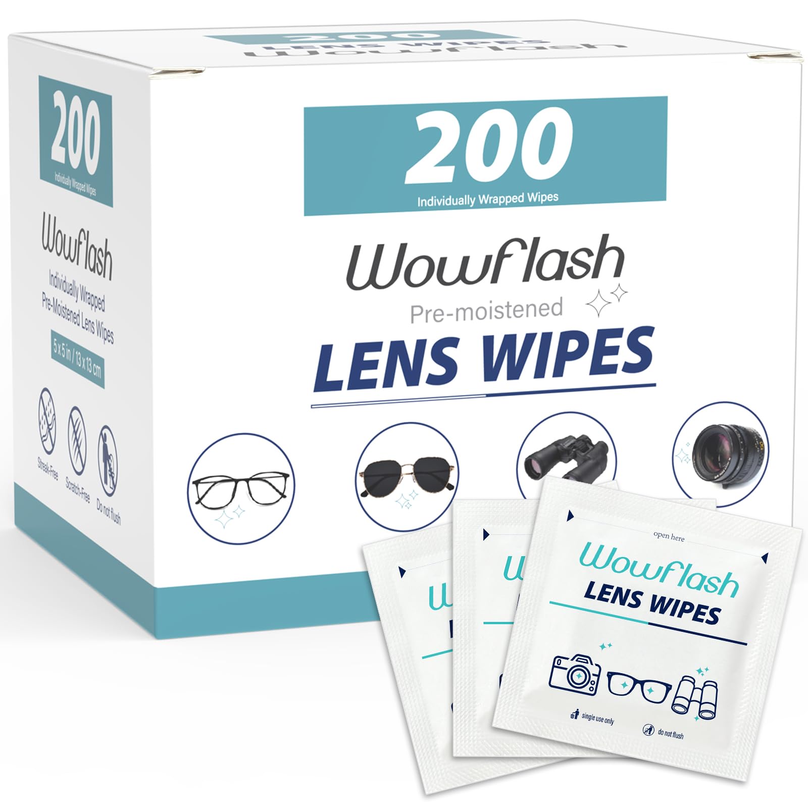 Wowflash lingettes nettoyage lunettes, paquet 200 pièces, nettoyage rapide et efficace.