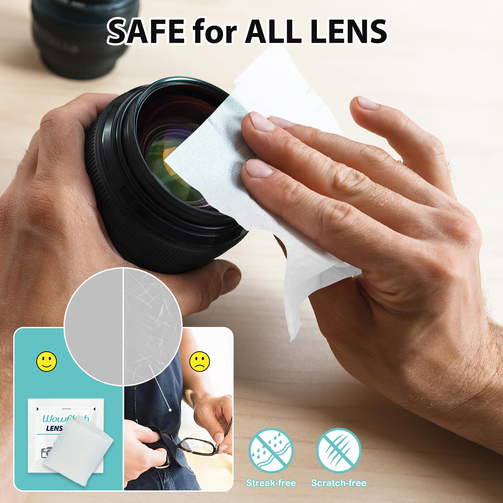 Wowflash lingettes sans ammoniac, nettoyage délicat des verres sans dommages.