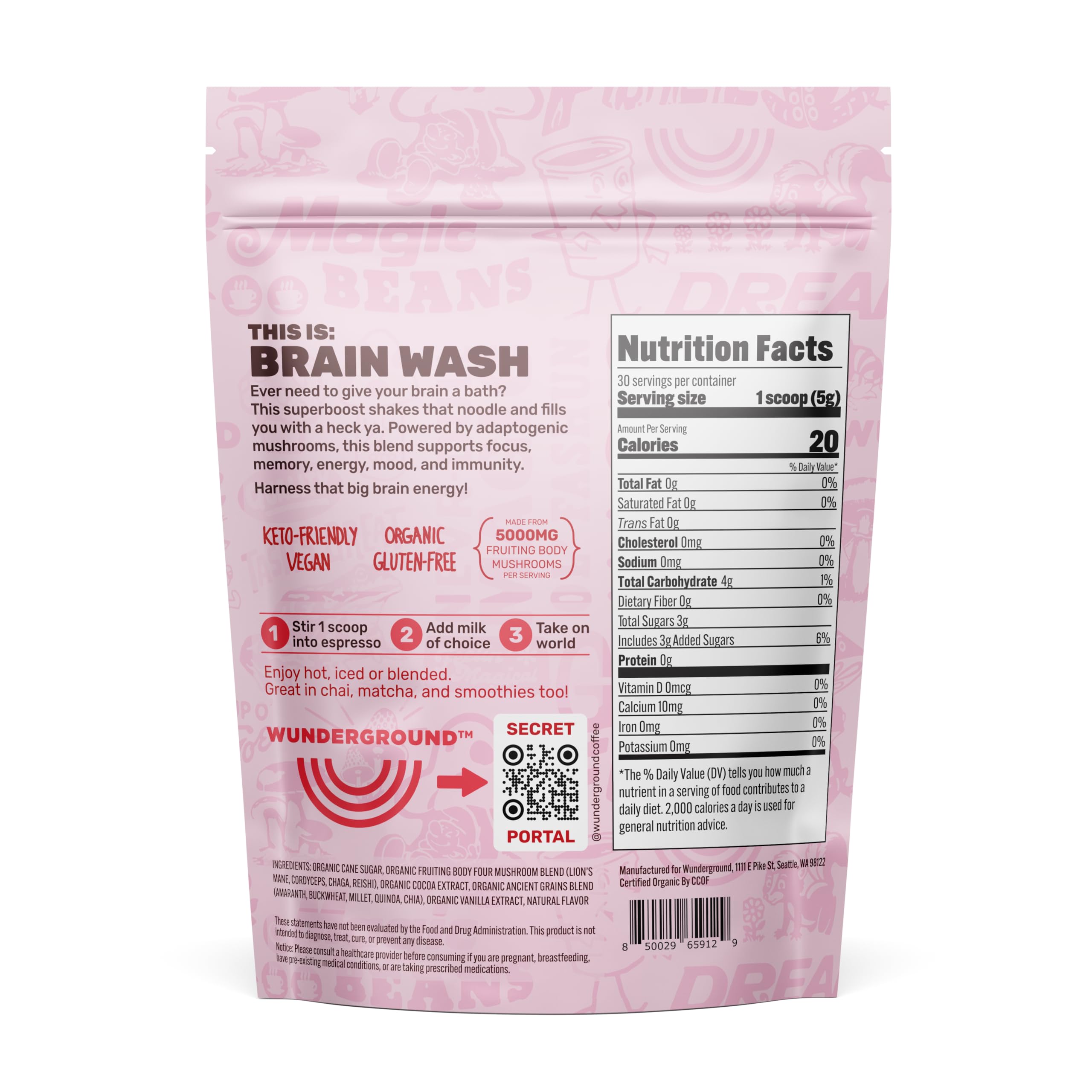 Wunderground Brain Wash poudre boisson chaude, énergie durable lors du rituel matin.