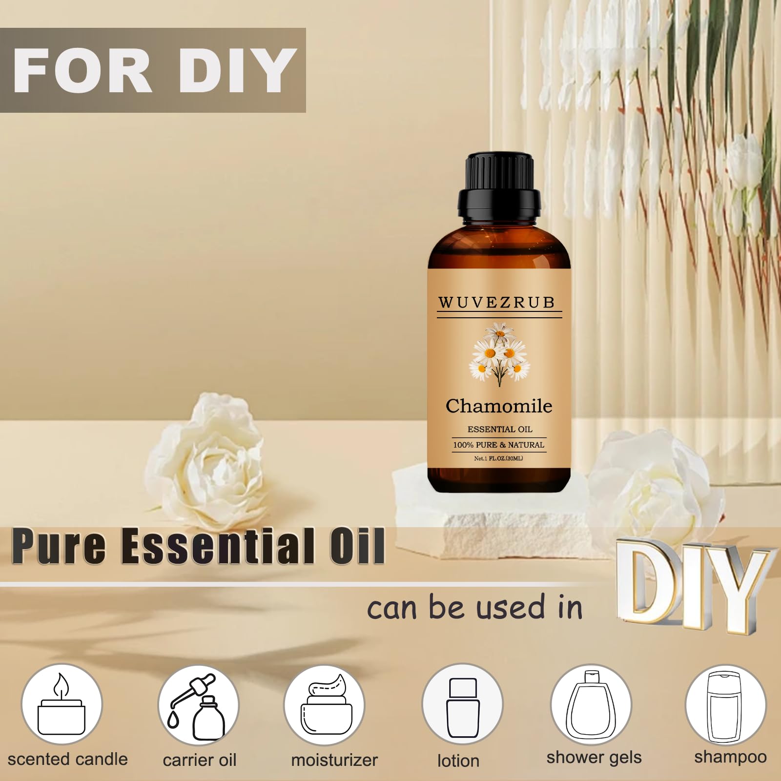 Wuvezrub huile camomille pour soin visage, ajoutée facilement à la routine.