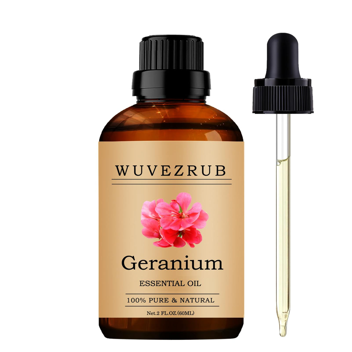 Huile de Géranium Wuvezrub dans sa bouteille de 60 ml, prête à l’emploi pour usage aromatique.