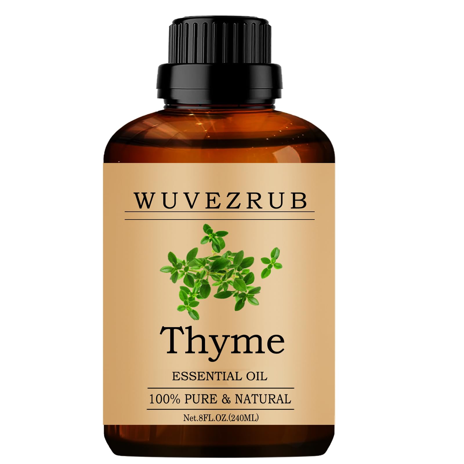 Huile essentielle de thym Wuvezrub dans une bouteille, parfum riche et naturel.