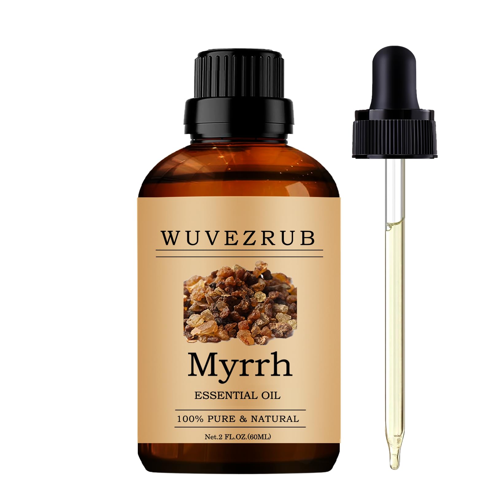 Wuvezrub Myrrhe huile dans bouteille 60 ml prête pour l'aromathérapie et ambiance chaleureuse.