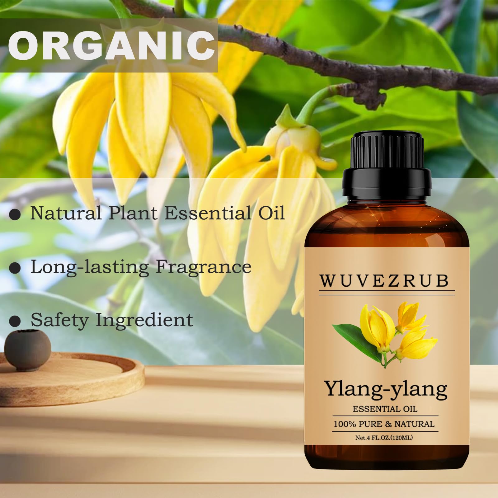 Soin peau Wuvezrub Ylang-Ylang: ajout 1–2 gouttes dans tonique ou crème.
