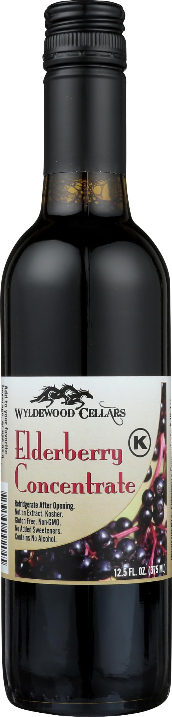 Wyldewood Cellars Sureau Concentré bouteille montrant la couleur violette naturelle.