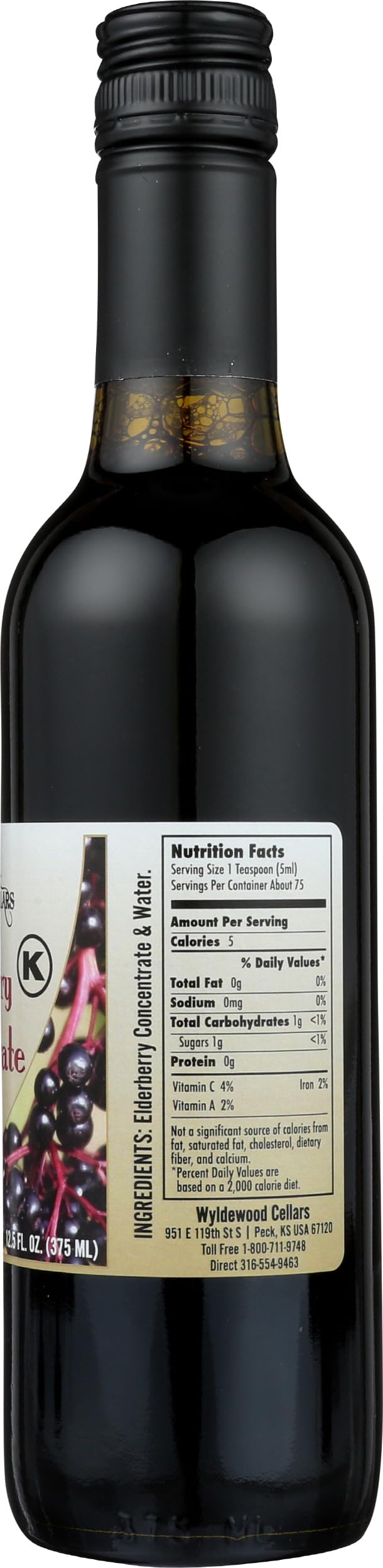 Wyldewood Cellars Sureau Concentré Etiquette indiquant un produit pur et sans additifs.