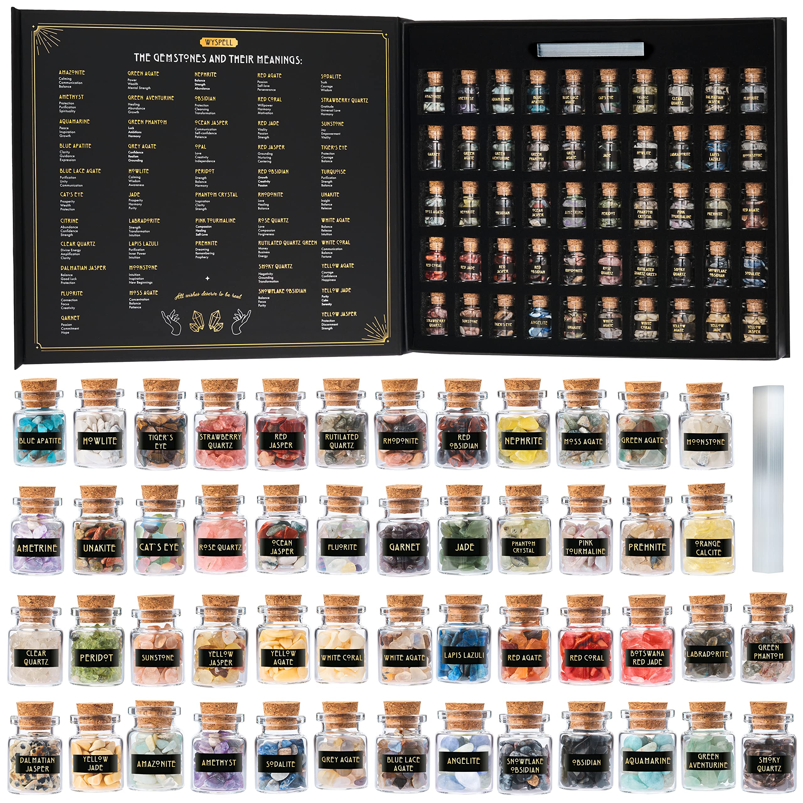 Wyspell mini cristaux dans bouteilles en verre, parfaits pour rituels et rangement.