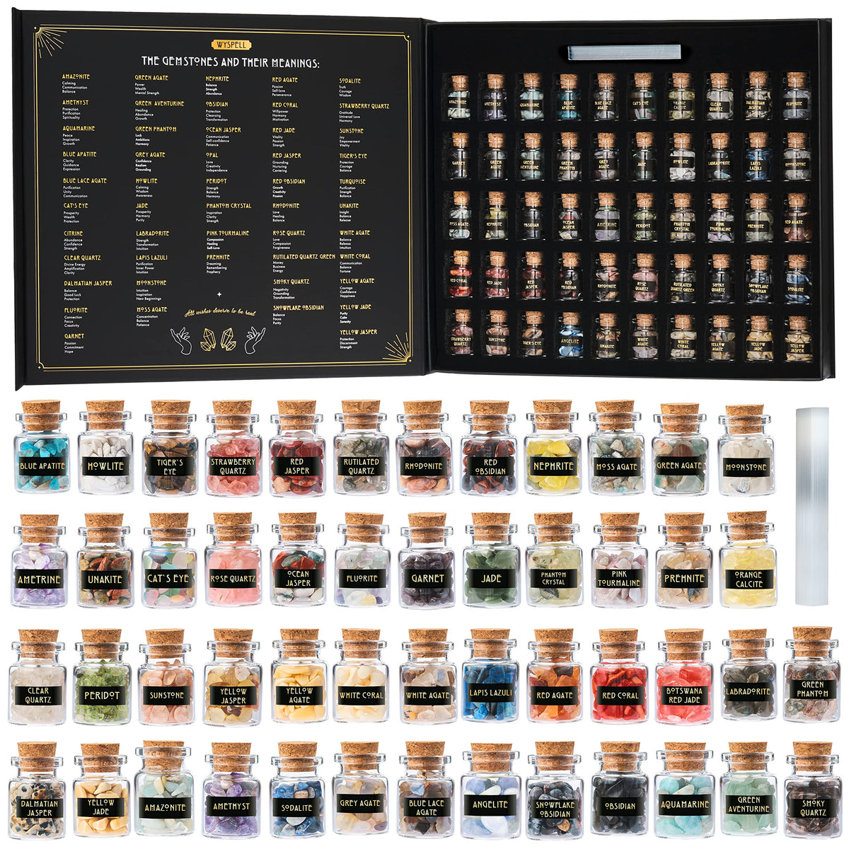 Wyspell mini cristaux dans bouteilles en verre, parfaits pour rituels et rangement.