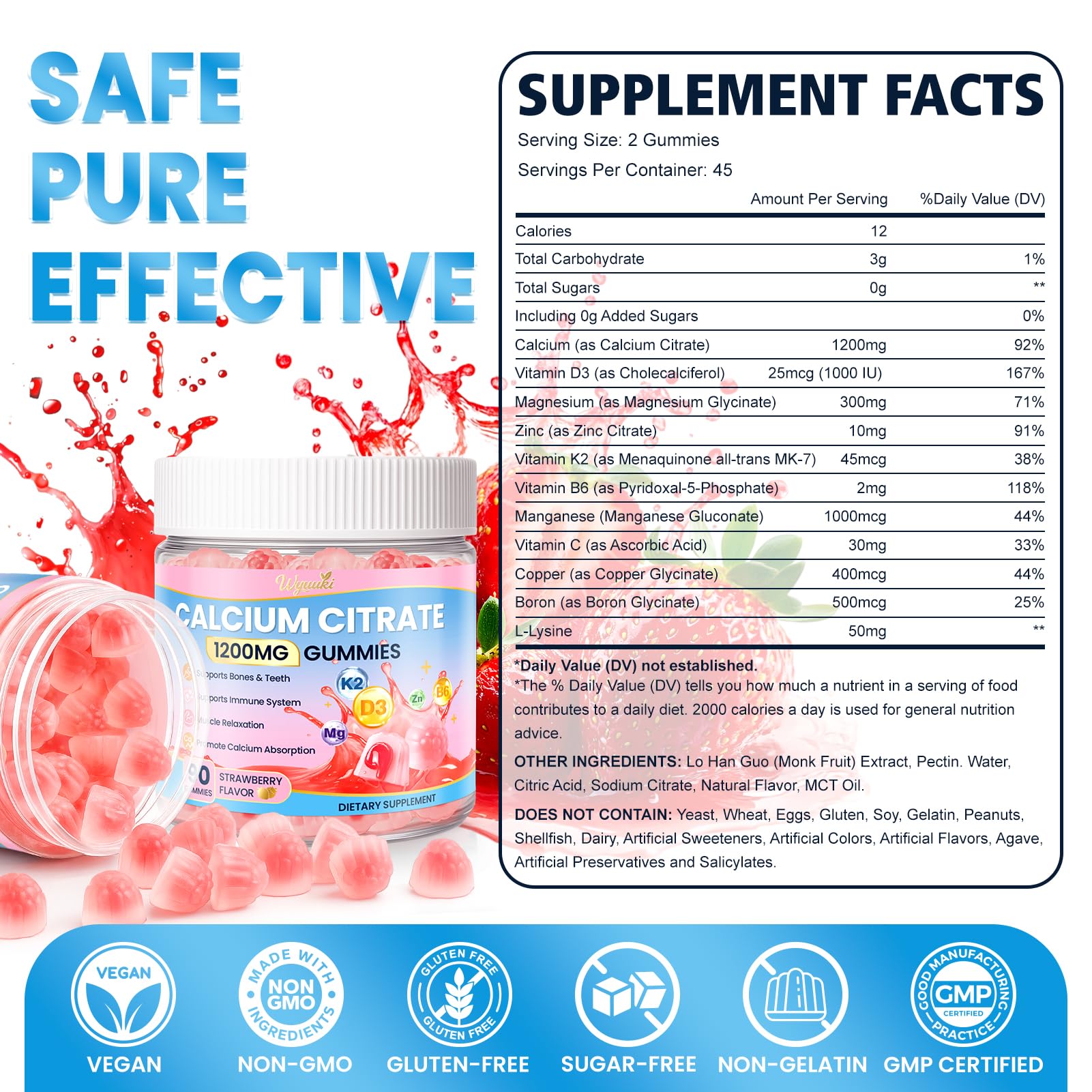 WyuuKi Calcium Citrate Gummies – étiquette claire, conseils nutritionnels faciles à lire.