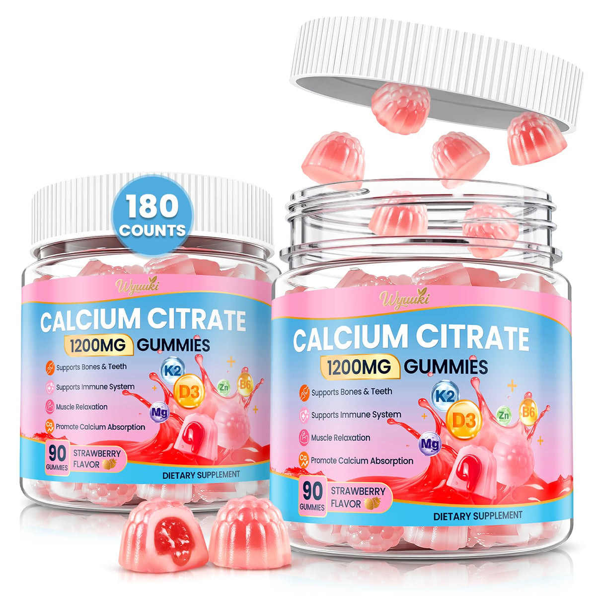WyuuKi Calcium Citrate Gummies – pack deux bouteilles, pratique pour toute la famille.