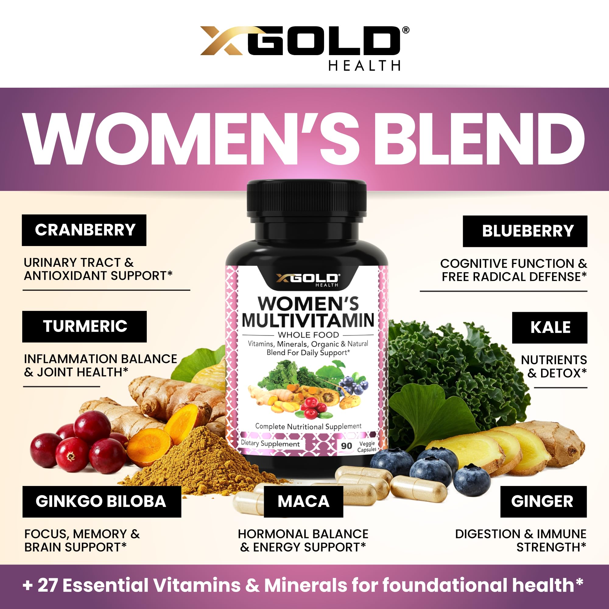 Mélange super-aliments bio cranberry-kale-gingembre pour un apport nutritionnel.