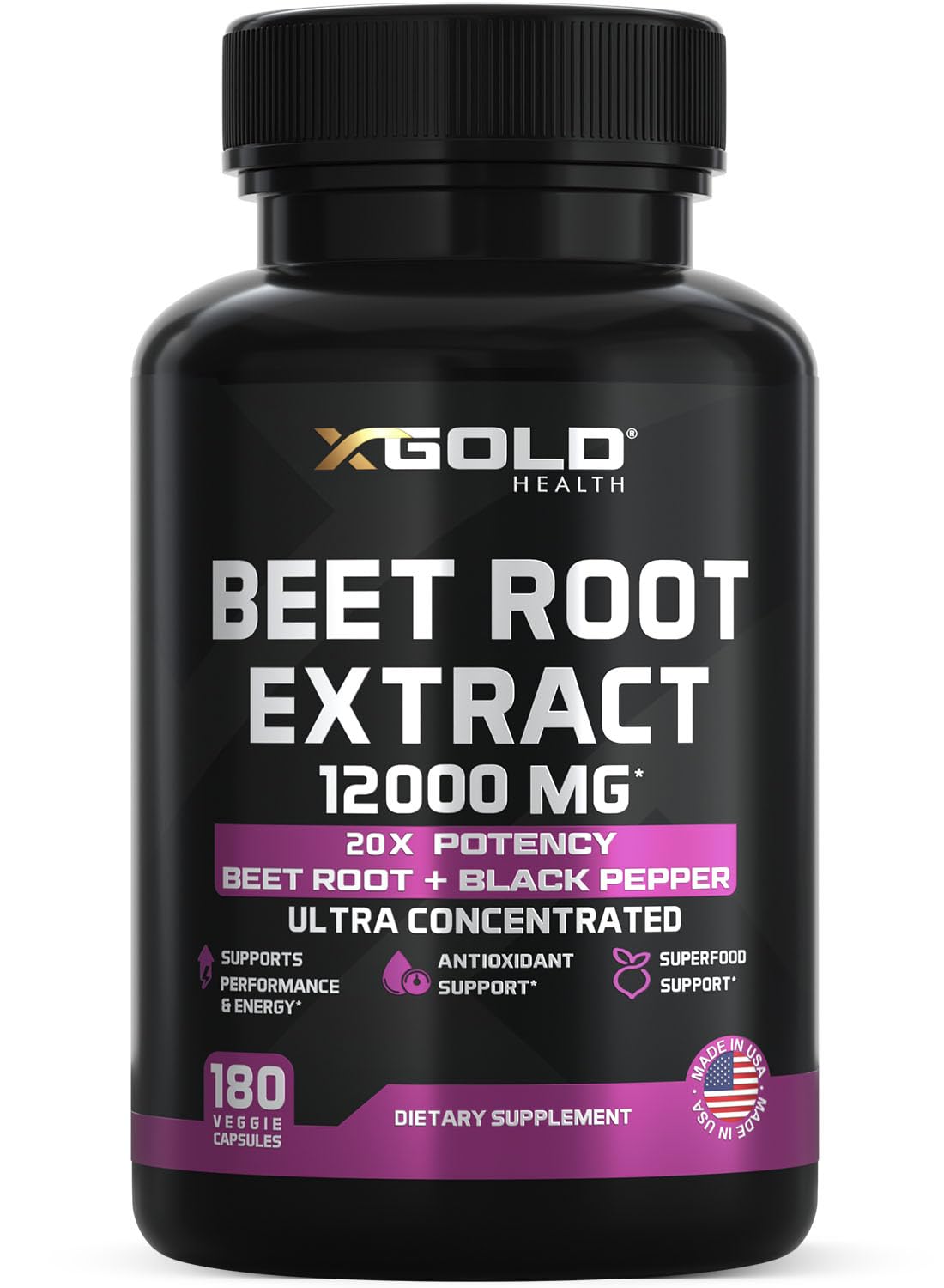 X Gold Health bouteille de capsules betterave, soutien à l énergie durable au quotidien.
