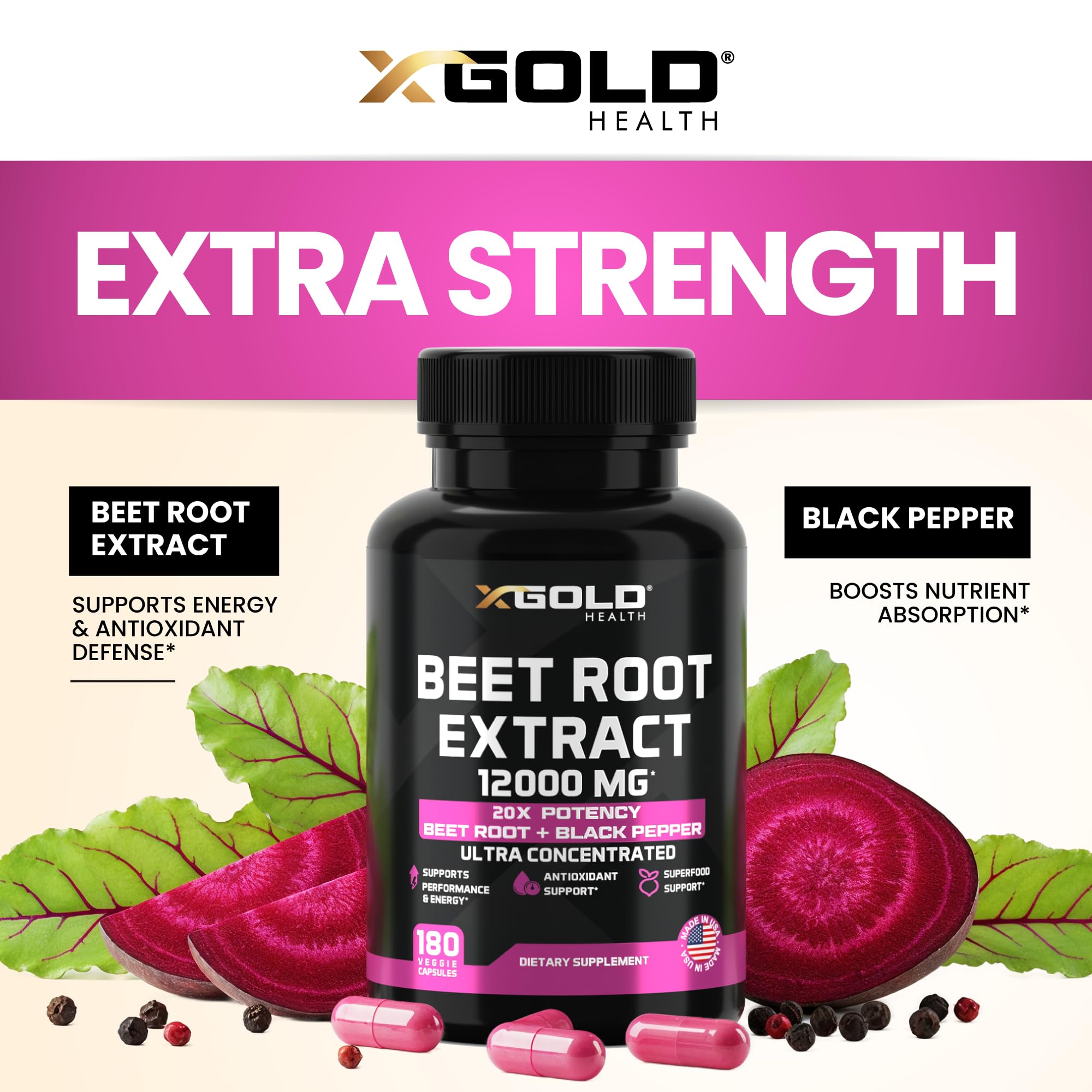 X Gold Health capsules avec poivre noir, meilleure absorption des nutriments.