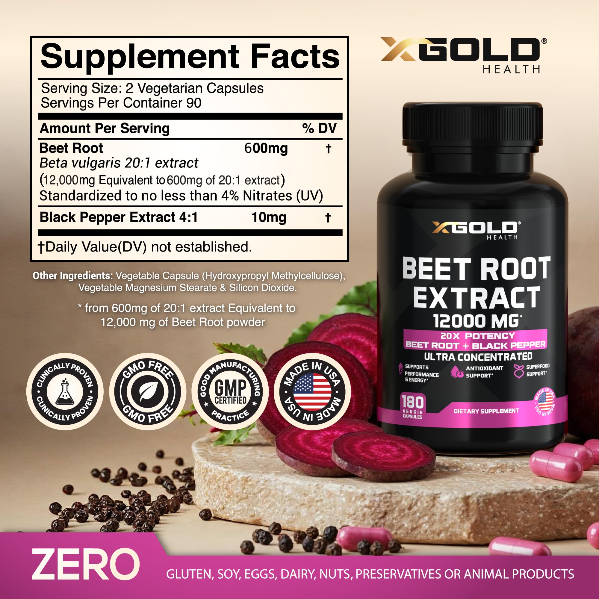 X Gold Health étiquette‑composants betterave, montre le dosage et les nitrates naturellement présents.
