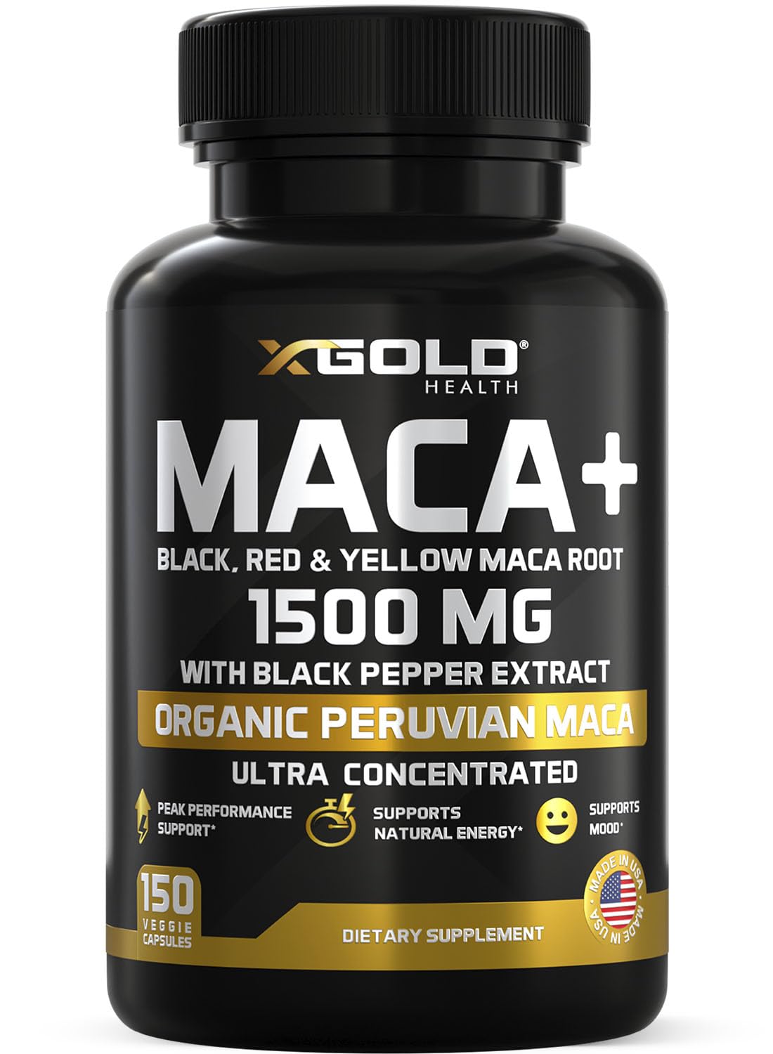 X Gold Health Maca Capsules 1500mg dans une bouteille, énergie naturelle et vitalité quotidienne.