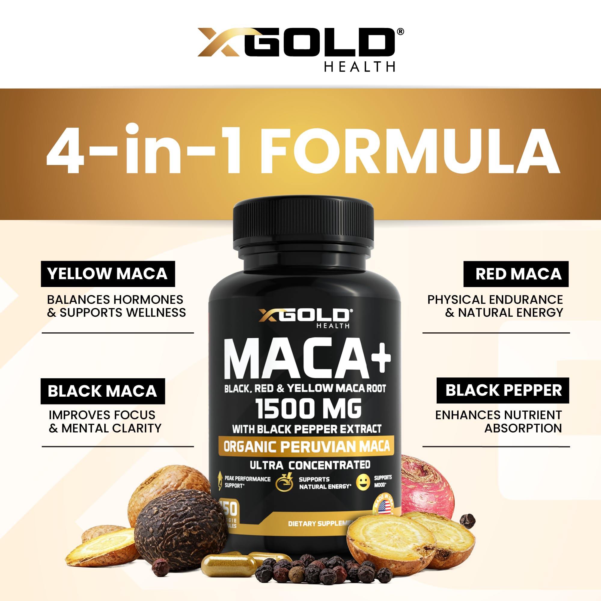 X Gold Health Maca Capsules 1500mg, capsule visible, énergie naturelle sans caféine.