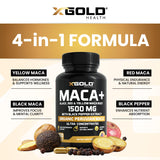 X Gold Health Maca Capsules 1500mg, capsule visible, énergie naturelle sans caféine.