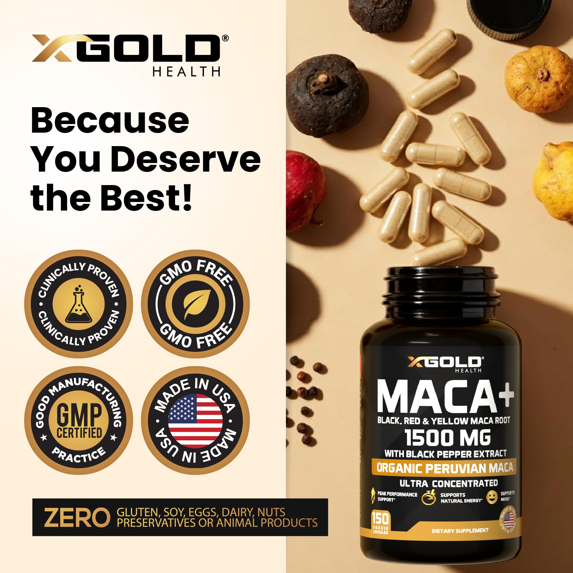 X Gold Health Maca Capsules 1500mg – extrait poivre noir améliorant l’absorption.