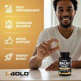 X Gold Health Maca Capsules 1500mg – mélange maca noir, rouge et jaune pour vitalité.