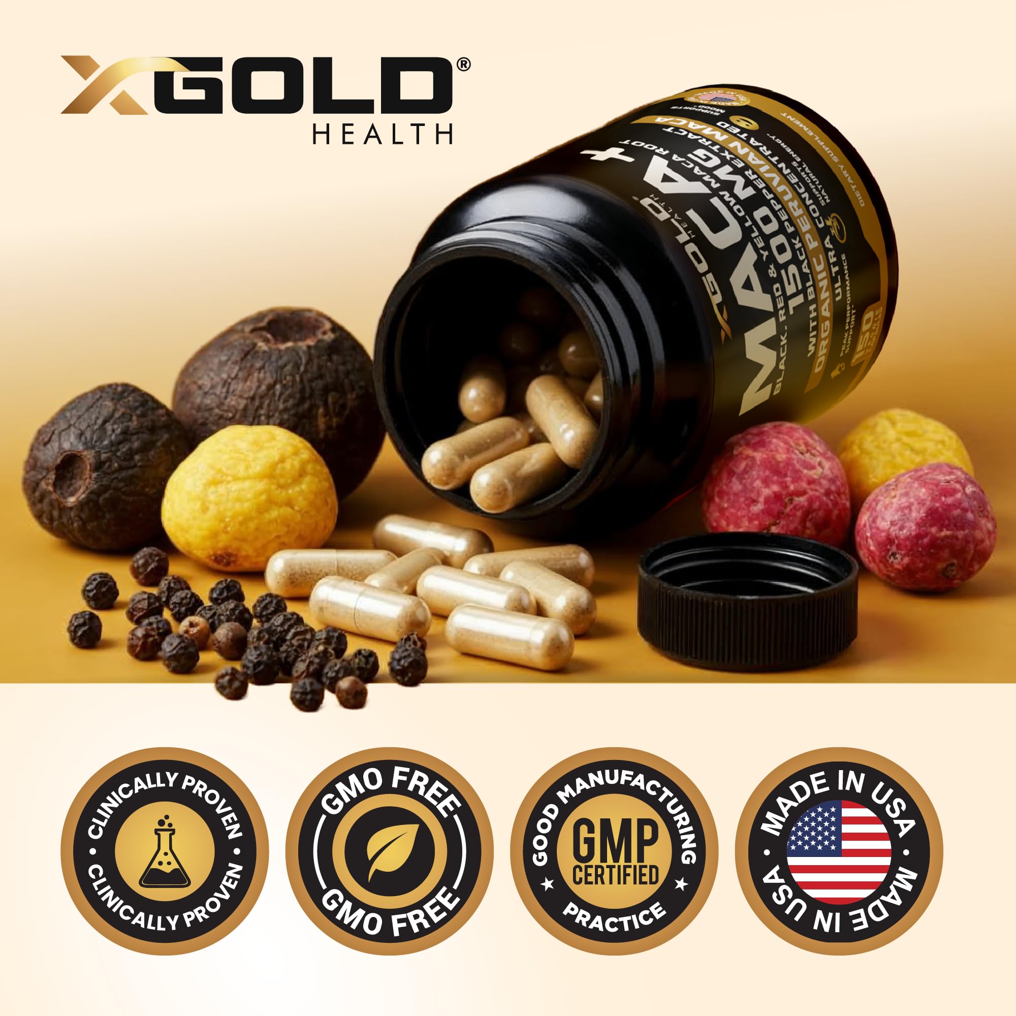 X Gold Health Maca Capsules 1500mg – végane et fabriqué aux États‑Unis.